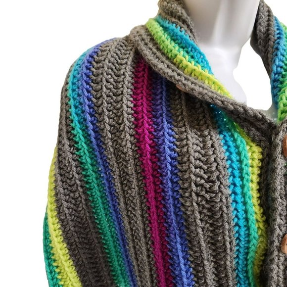 Washable long wide shawl scarf multicolor rainbow handknit wood buttons - Picture 8 of 11